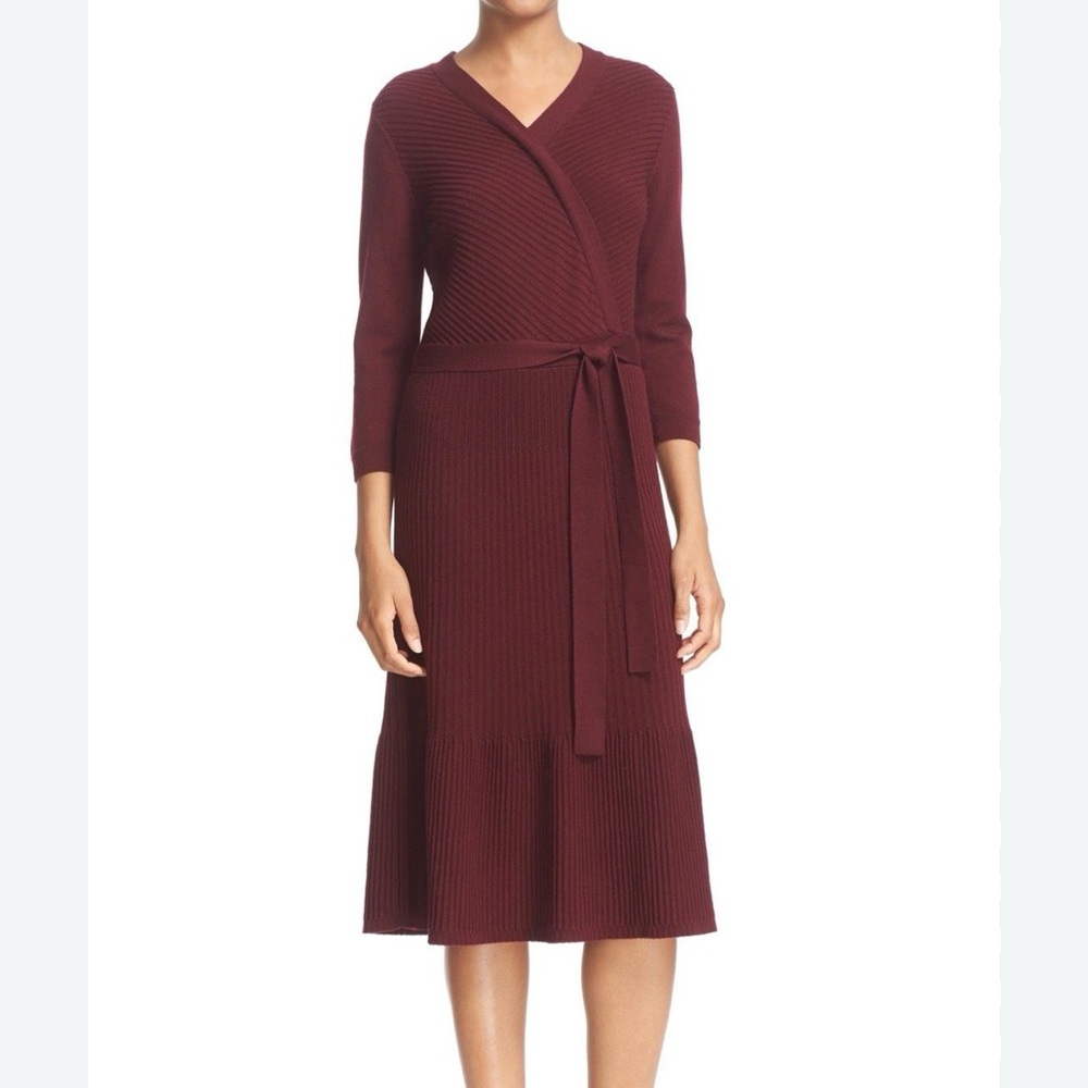Kate Spade New York Deep Red Rib Knit Wool Faux Wrap Long Sleeve Dress